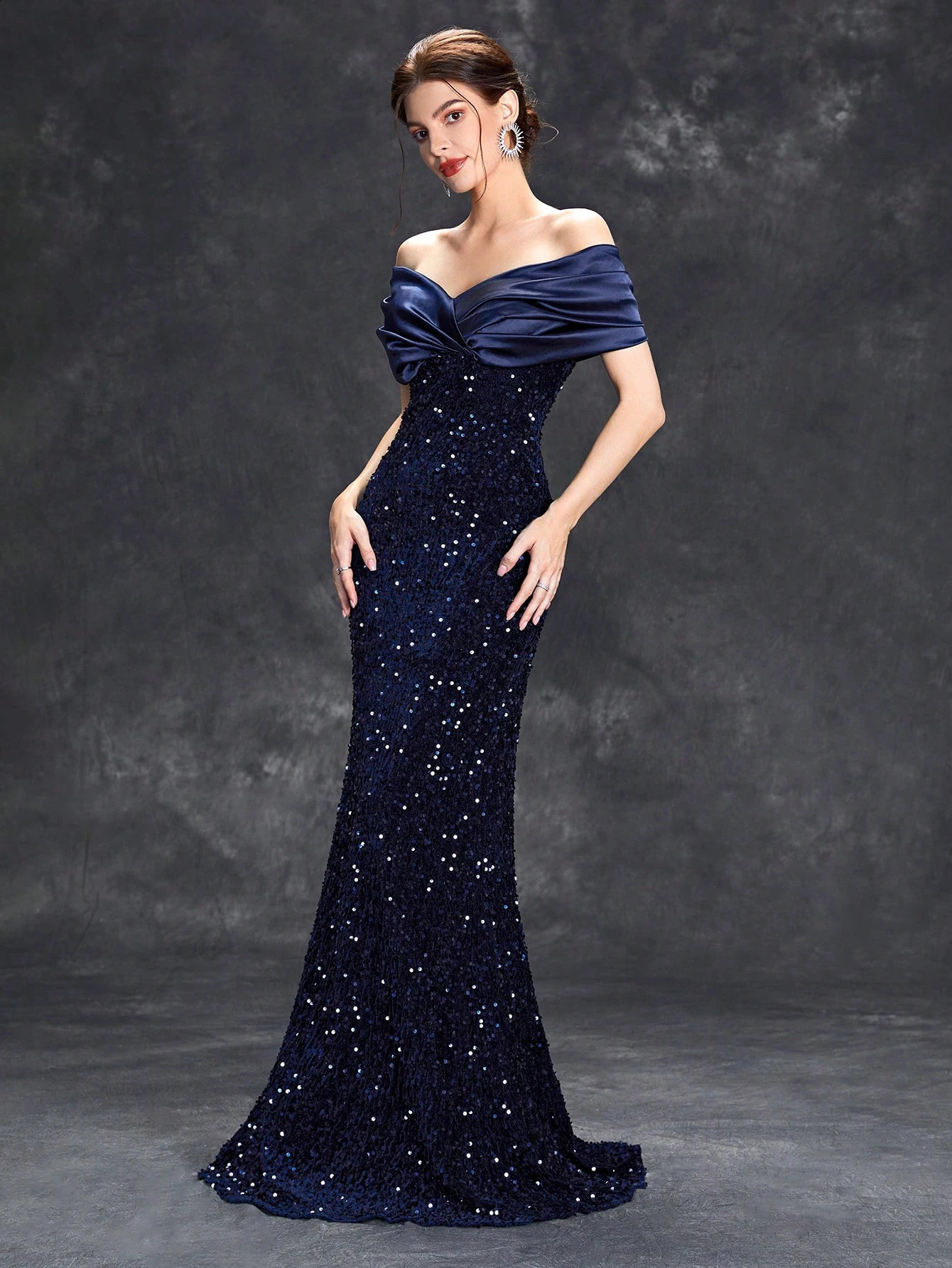 Mgiacy Line Collar Folded Tint Sparkling Velvet Tail Dress Evening Dress Ball Dress Party Dress Bridesmaid Dress 241231