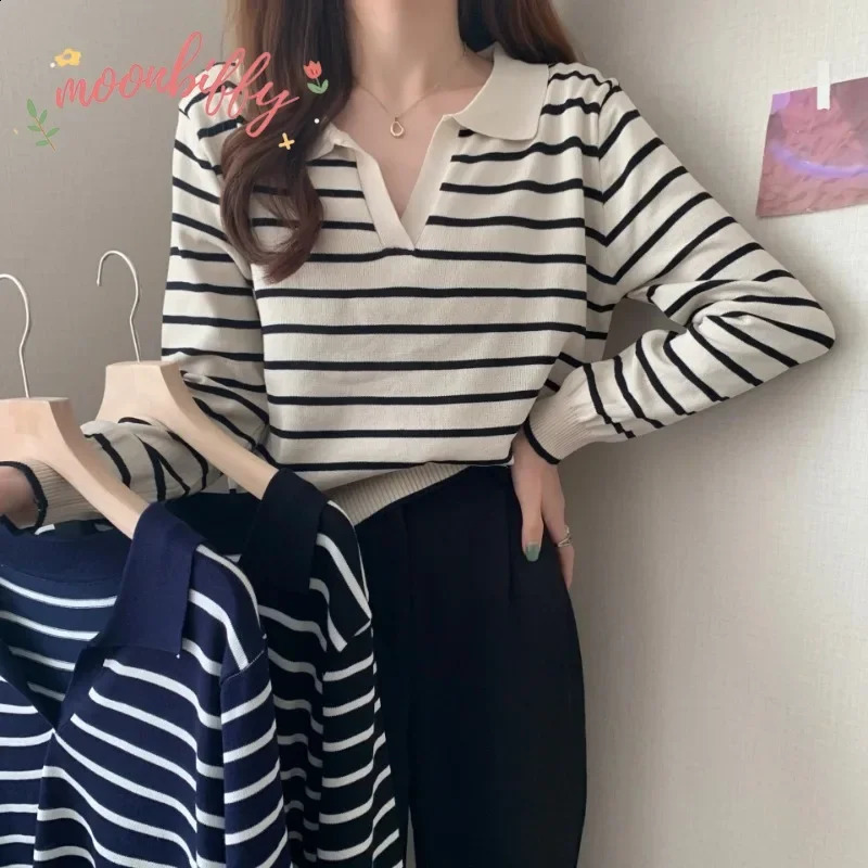 Fashion Striped Tshirt Casual Pullover Knitwear Women Spring and Autumn Underwear Korea Style Premium Sweater Female 241227