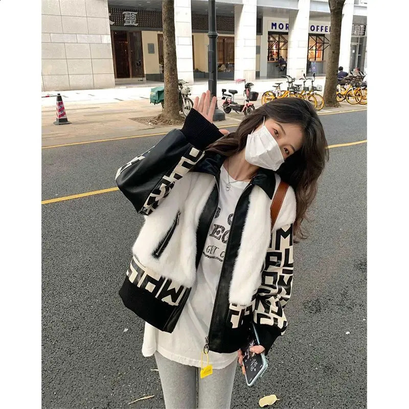 Vintage Fur Lamb Wool Pu Patchwork Zipper Jacket Fashion Printed Leather Streetwear Coat Female 2024 Autumn Winter 241223