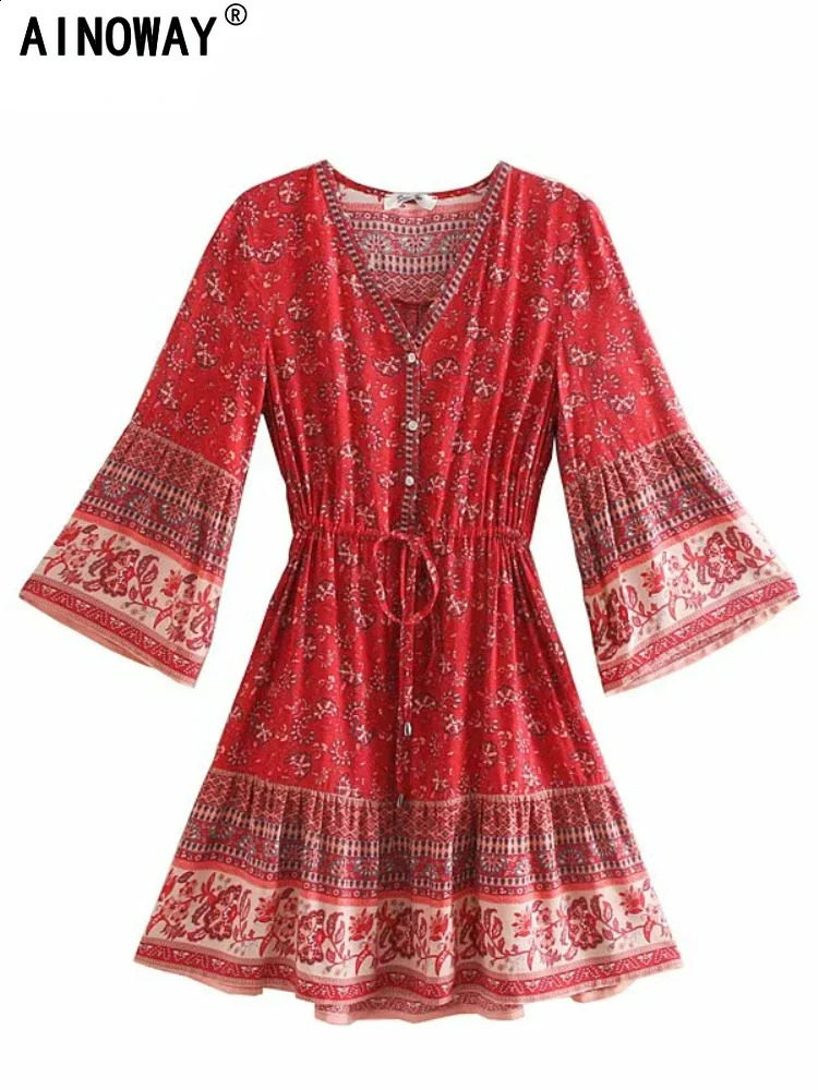 Retro Fashion Womens Hippie Printed V-neck Bohemian Mini Dress Summer Womens Sparkling Sleep Cotton Beach Bohemian Dress 241231