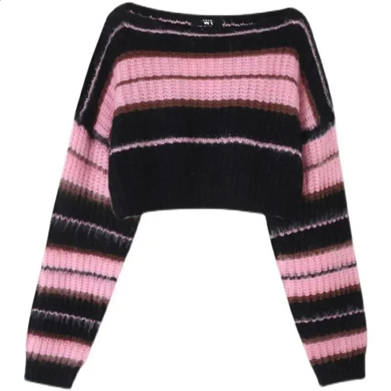 Korean Style Pink Cropped Sweater Autumn Y2K Women Striped Jumper Vintage Female Long Sleeve Crewneck Pullovers Tops 241231m