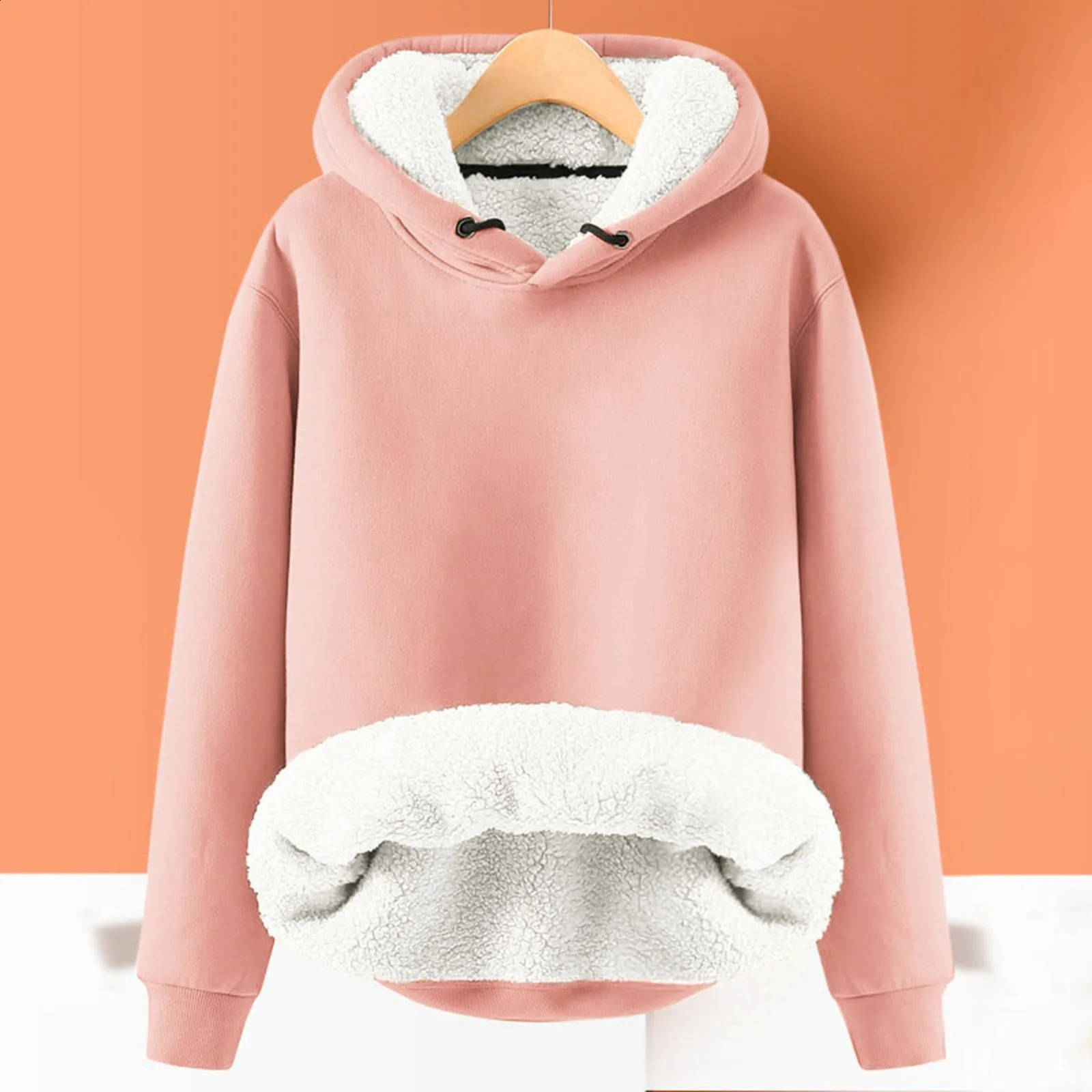 Womens Pink Fleece Sweatshirt Autumn and Winter Soft Thicken Warm Hoodies Pullovers Tops Casual Long Sleeve Hooded Jackets 241223