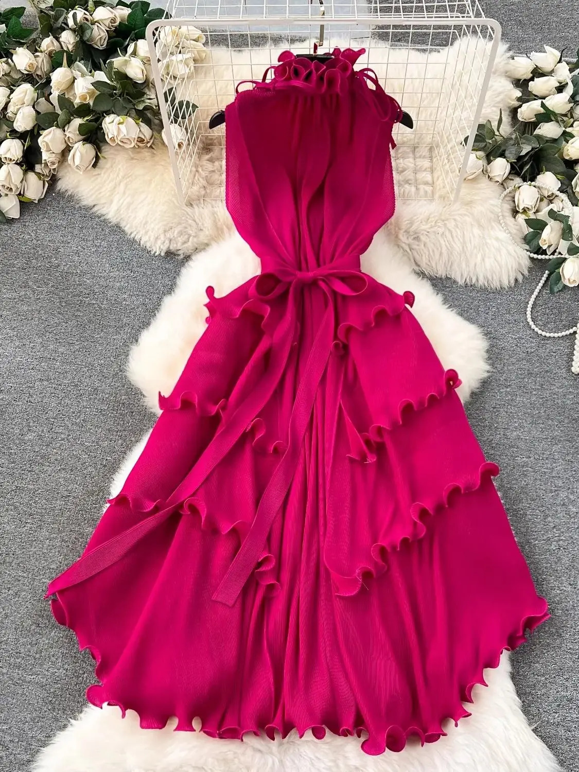 Summer Holiday Miyake pleated dress womens stand up collar lace long sleeved elastic oversized pleated bohemian loose vest 241231