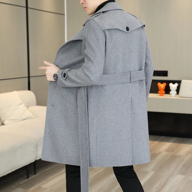Doublesided tweed coat Men 2023 autumnwinter 70 wool coat cashmere laceup midlength trench coat Wool Polyester 241231m