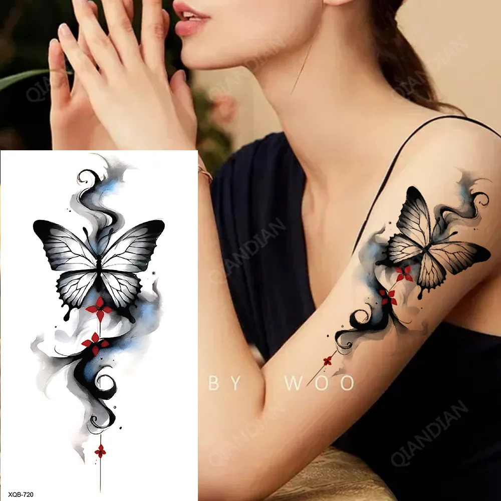 Black Flower Waterproof Temporary Tattoo Sticker Beauty Butterfly Rose for Women 3D Flash Body Arm Art Washable Tattoos 241230