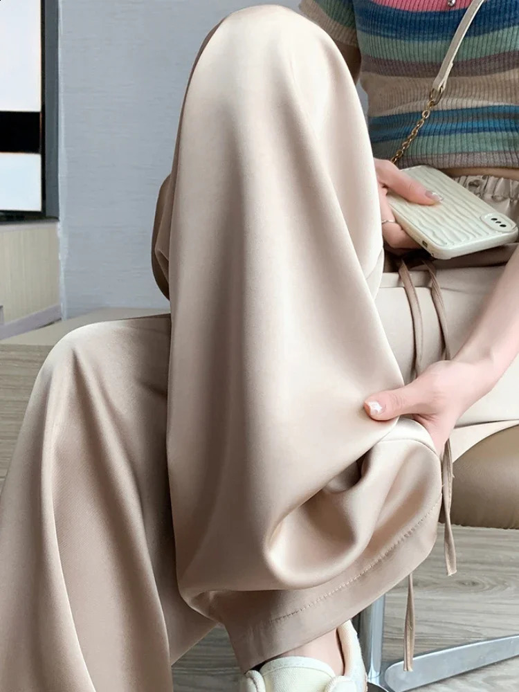 Womens Wide Leg Pants Summer Ice Silk Straight Trousers High Waist Ladies Casual Loose Satin Soft Full-length Pants for Women 241223