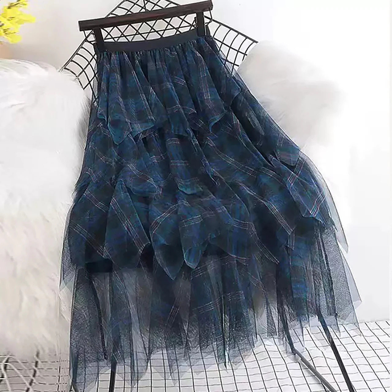 Fashion Gauze Womens Skirts Summer Jupe 2024 Faldas Mujer De Moda High Waist A-line Sweet Saia Irregular Casual Plaid Skirt 241231