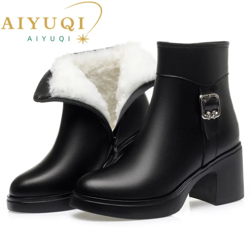 AIYUQI Women's Winter Shoes Boots Fashion High Heeled Ankle Boots Women Natural Wool Warm Boots Women