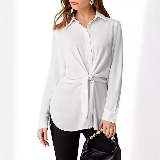 Womens Button Up Shirt Long Sleeved Waistband Lace Up Slit Dress Shirt Casual Top