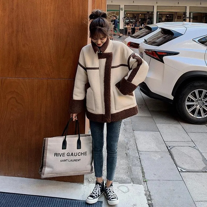 Korea Fashion Lambswool Fur Coat Women Y2K Winter Thickened Vintage Stitching Short Leather Motorcycle Clothing 241223