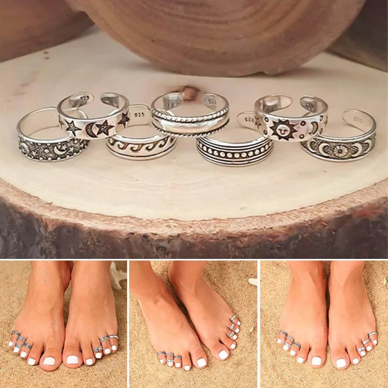 European And American Retro Carved Hollow Multielement 7piece Open Foot Ring Set Rings For Women 241225