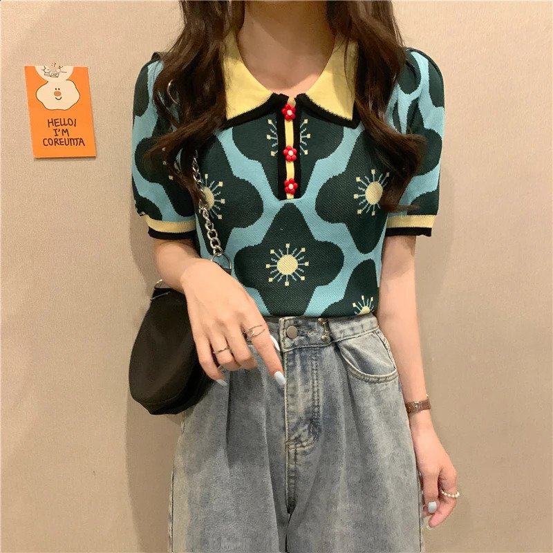Women Puff Short Sleeve Printed Flowers Sweaters Shirts Polo Collar Cropped Thin Sweater Pullover Crop Top For Female 241231
