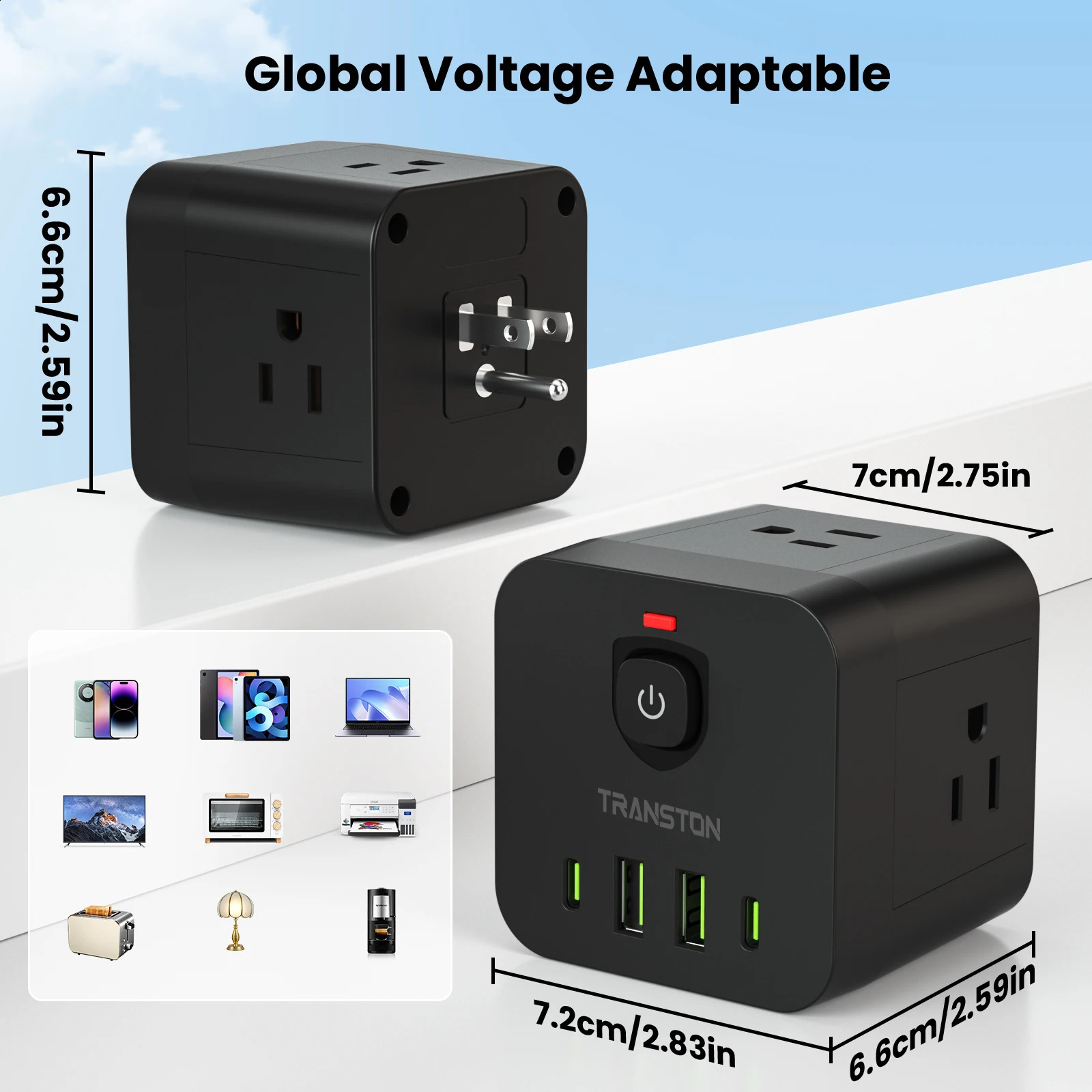 Mini portable cube power socket with surge protector 4 sockets 2 USB TypeC suitable for home travel office Black 241220