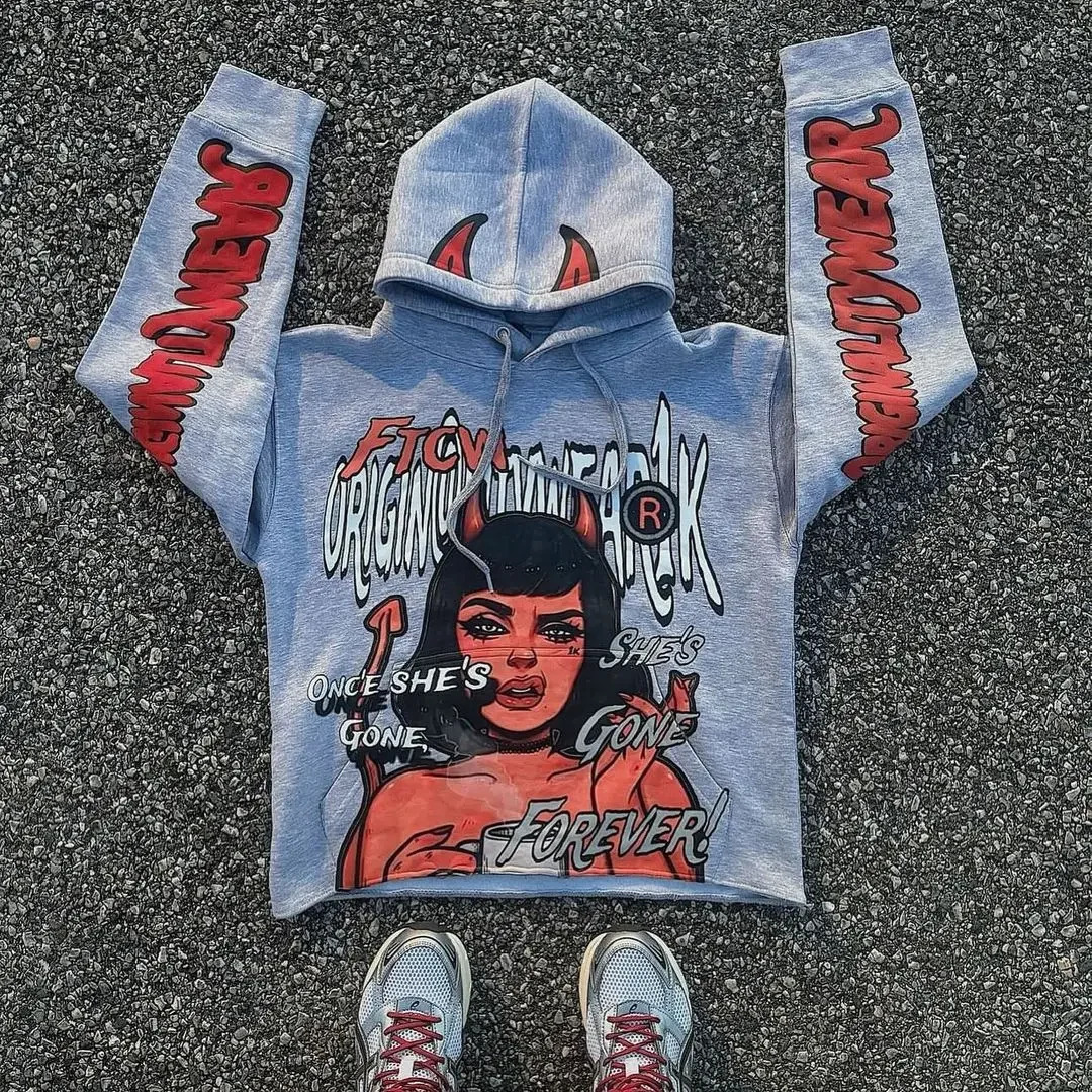 Mens letter and pattern printed hoodie autumn Y2k retro sportswear loose casual punk Harajuku long sleeved floral clothing 241231