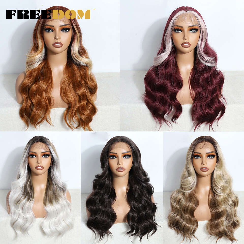 FREEDOM Synthetic Lace Front For Women 22 Inch Body Wave Ombre Brown Blonde Wine Red Wig Easy Wear White Cosplay Wigs
