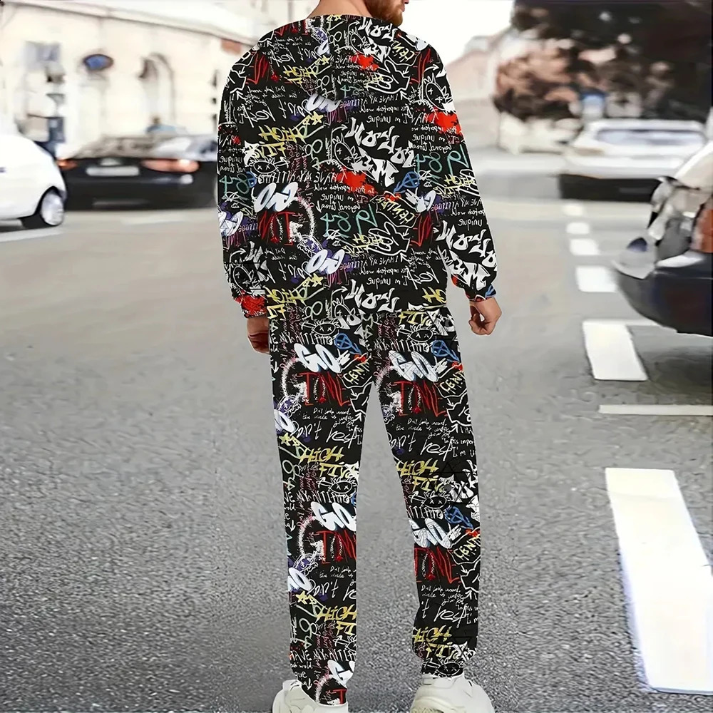 Font symbol 3D printing sports shirt set mens autumn/winter casual sports shirt jumping mens sports shirt set fashionable mens set 241231