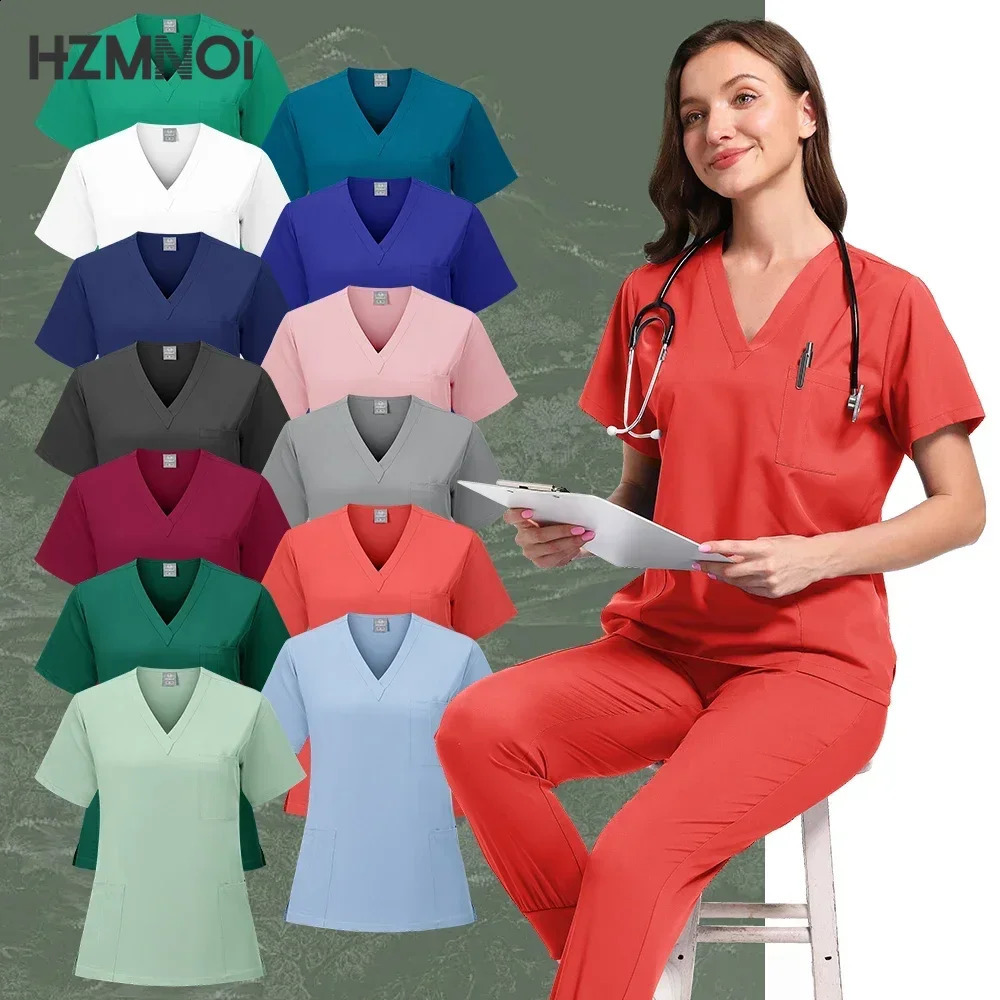 Scrubs Uniform Suit Short Sleeve V-neck Pants Set Nursing Uniform Women Multicolor Pet Doctor Scrub Workwear 241230