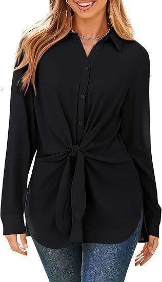 Womens Button Up Shirt Long Sleeved Waistband Lace Up Slit Dress Shirt Casual Top