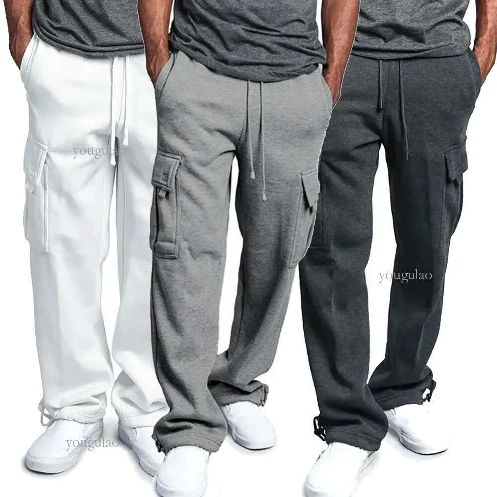 Mens wool cargo pants loose sweatpants with pockets sports straight pants jogging pants hip-hop streetwear 240911
