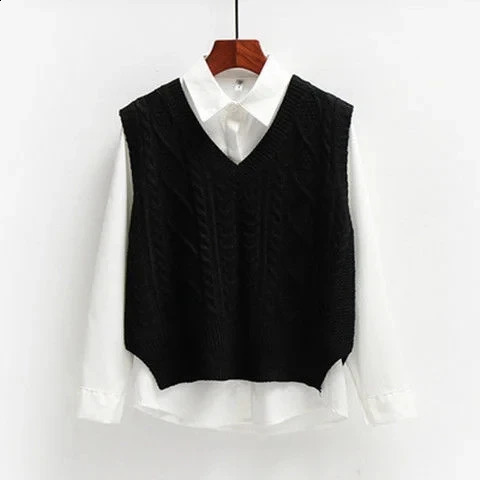 Korean Style Fashion Women Sweater Vest 2024 Spring Fall Sleeveless Knitted V Neck Pullovers Female Jumper Top Outerwear 241231m