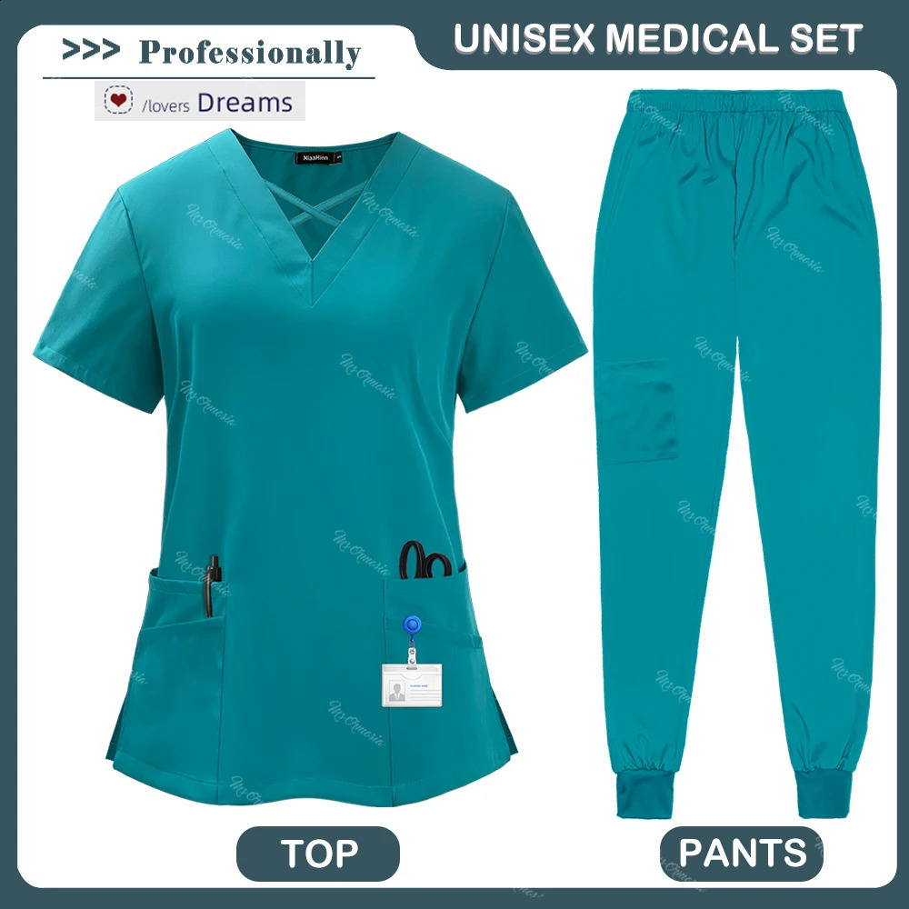 Beauty Topspants Uniform Surgery Scrubs Set Short Sleeve Pet Shop Doctor Nurse Nursing Uniform Women Workwear Scrub Set 241230