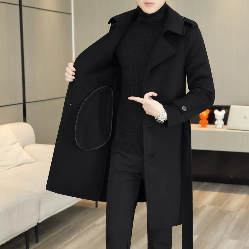 Doublesided tweed coat Men 2023 autumnwinter 70 wool coat cashmere laceup midlength trench coat Wool Polyester 241231m