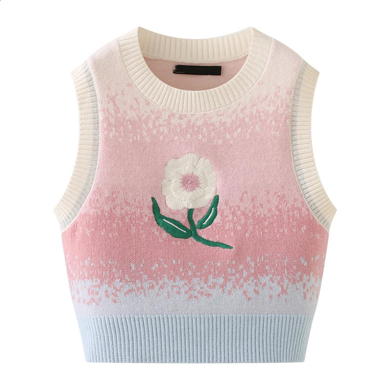 HELIAR Women Flower Embroidery Gradient Sweet Sweater Vest ONeck Casual Harajuku Pullovers Sleeveless Knitted Vest Top Summer 241231m