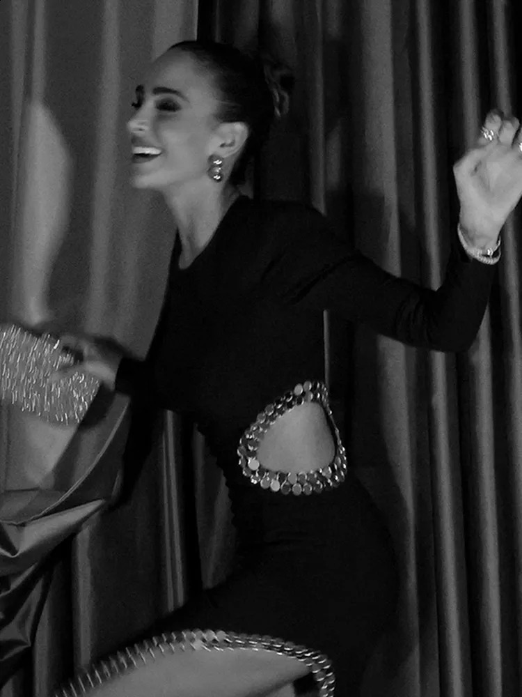 Elegant womens high waisted sequined split style long dress fashionable shoulder pad hollow party dress 2025 autumn/winter evening dress 241231