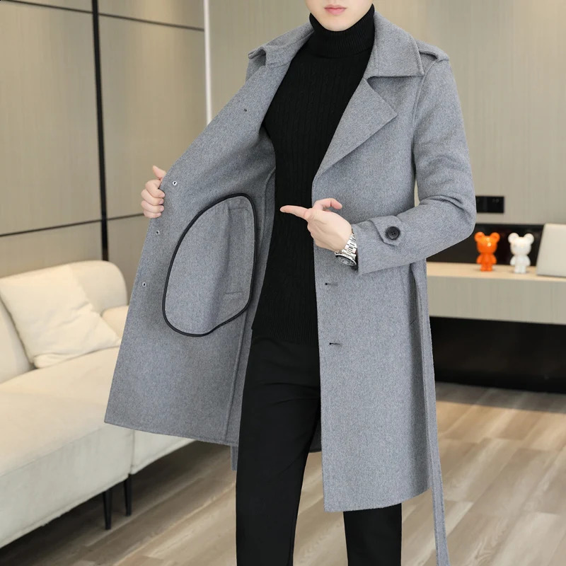 Doublesided tweed coat Men 2023 autumnwinter 70 wool coat cashmere laceup midlength trench coat Wool Polyester 241231m