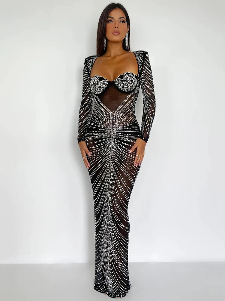 Mozision Glitter Mesh See Through Party Maxi Womens Fashion Full Sleeve Body Sexy Club Long Evening Dress Vestido 241231