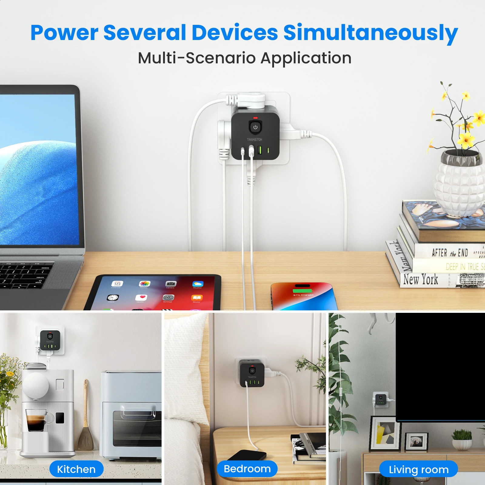 Mini portable cube power socket with surge protector 4 sockets 2 USB TypeC suitable for home travel office Black 241220