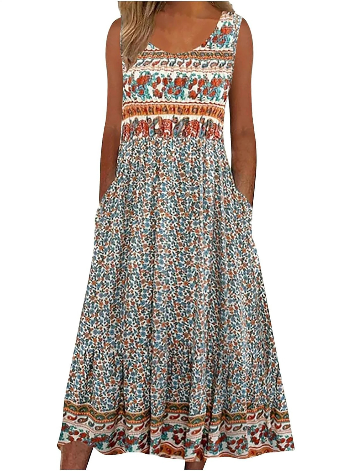 Womens sleeveless summer dress casual floral bohemian dress loose and loose beach dress Midi dress with pockets 241231