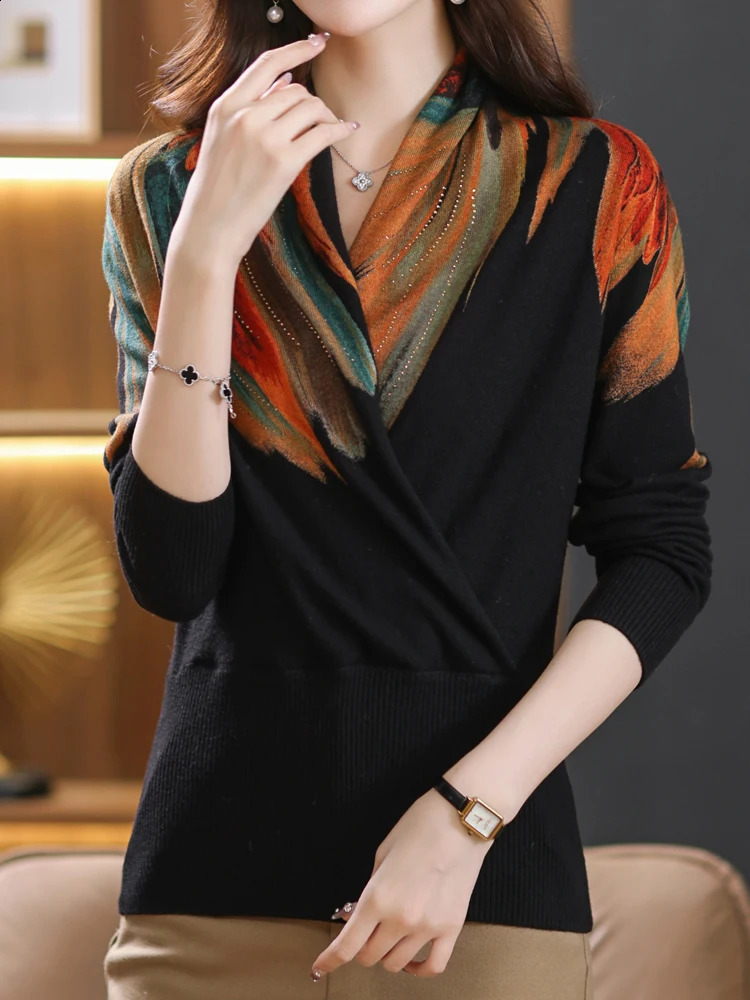 Print Sweater Tops Autumn Korean Fashion Women Clothing Long Sleeve Pullover Knitwears V Neck Womens Sweaters 241231m