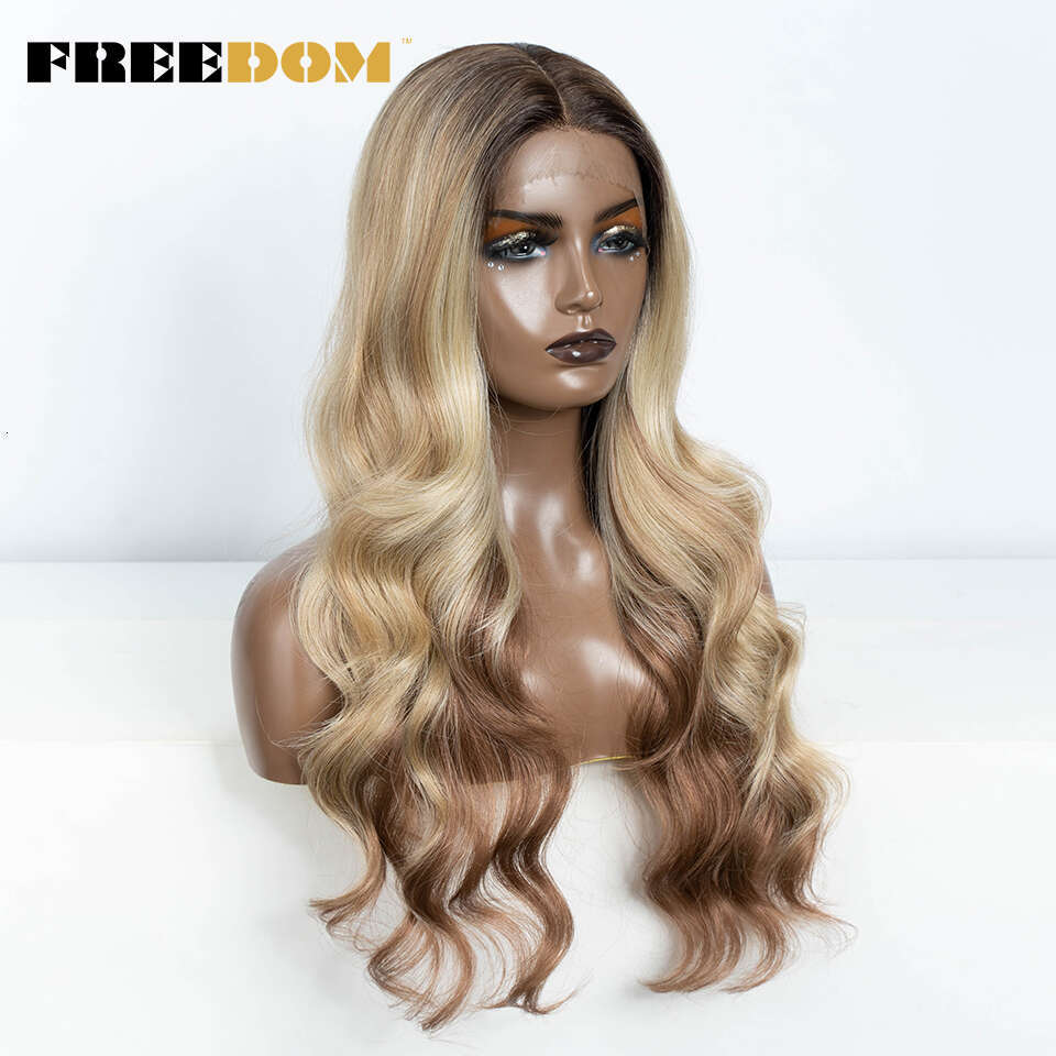13X4 Synthetic Frontal For Women Body Wave Ombre Blonde Brown Ginger Lace Heat Resistant Cosplay Wigs