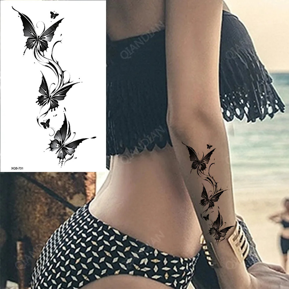 Black Flower Waterproof Temporary Tattoo Sticker Beauty Butterfly Rose for Women 3D Flash Body Arm Art Washable Tattoos 241230