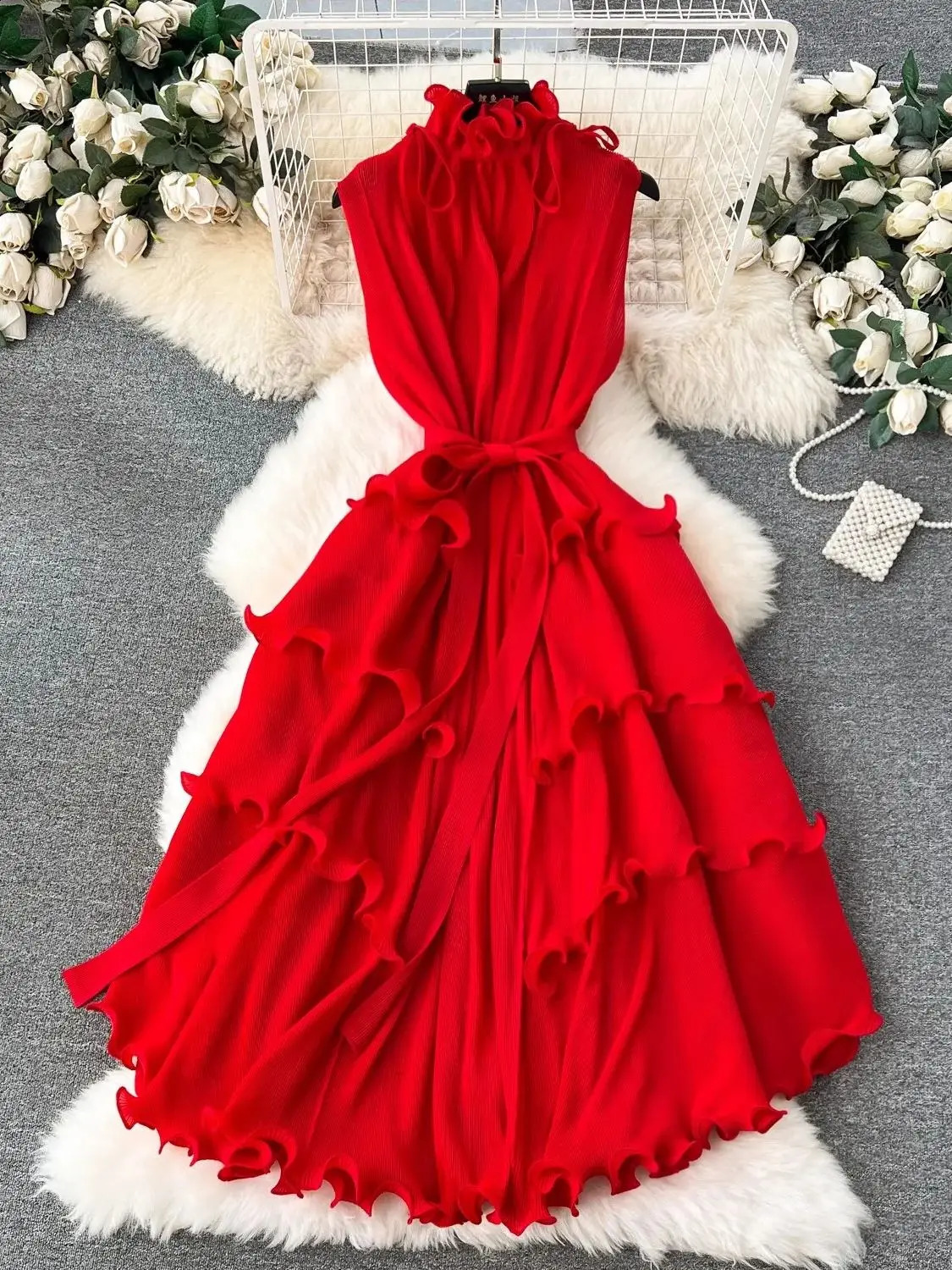 Summer Holiday Miyake pleated dress womens stand up collar lace long sleeved elastic oversized pleated bohemian loose vest 241231