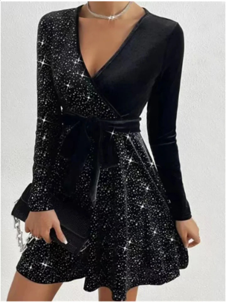 Sexy deep V-long sleeved sequined dress for womens party solid color mini dress elegant autumn evening gown 241231