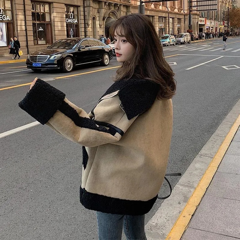Korea Fashion Lambswool Fur Coat Women Y2K Winter Thickened Vintage Stitching Short Leather Motorcycle Clothing 241223