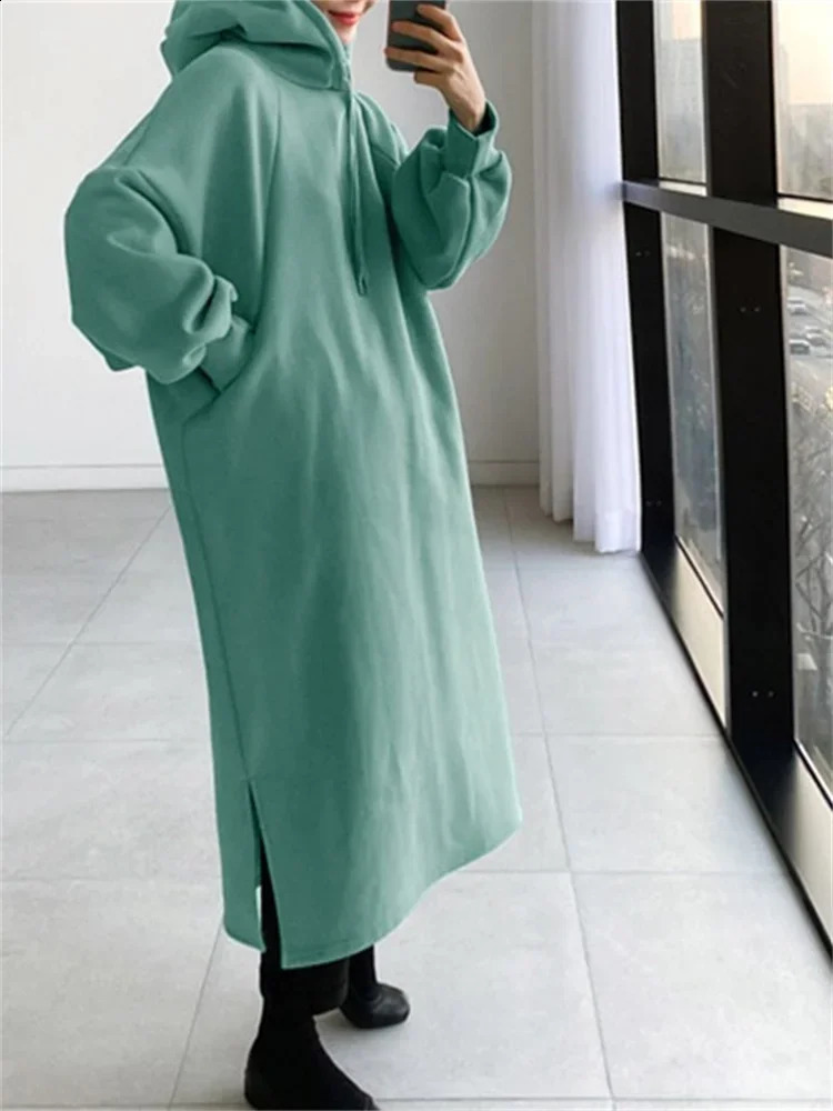 Fleece Lined Long Hoodie Autumn Winter Fashion Casual Solid Loose Sleeve Hood Pullover Tops Y2K Female Sweatshirts 241223