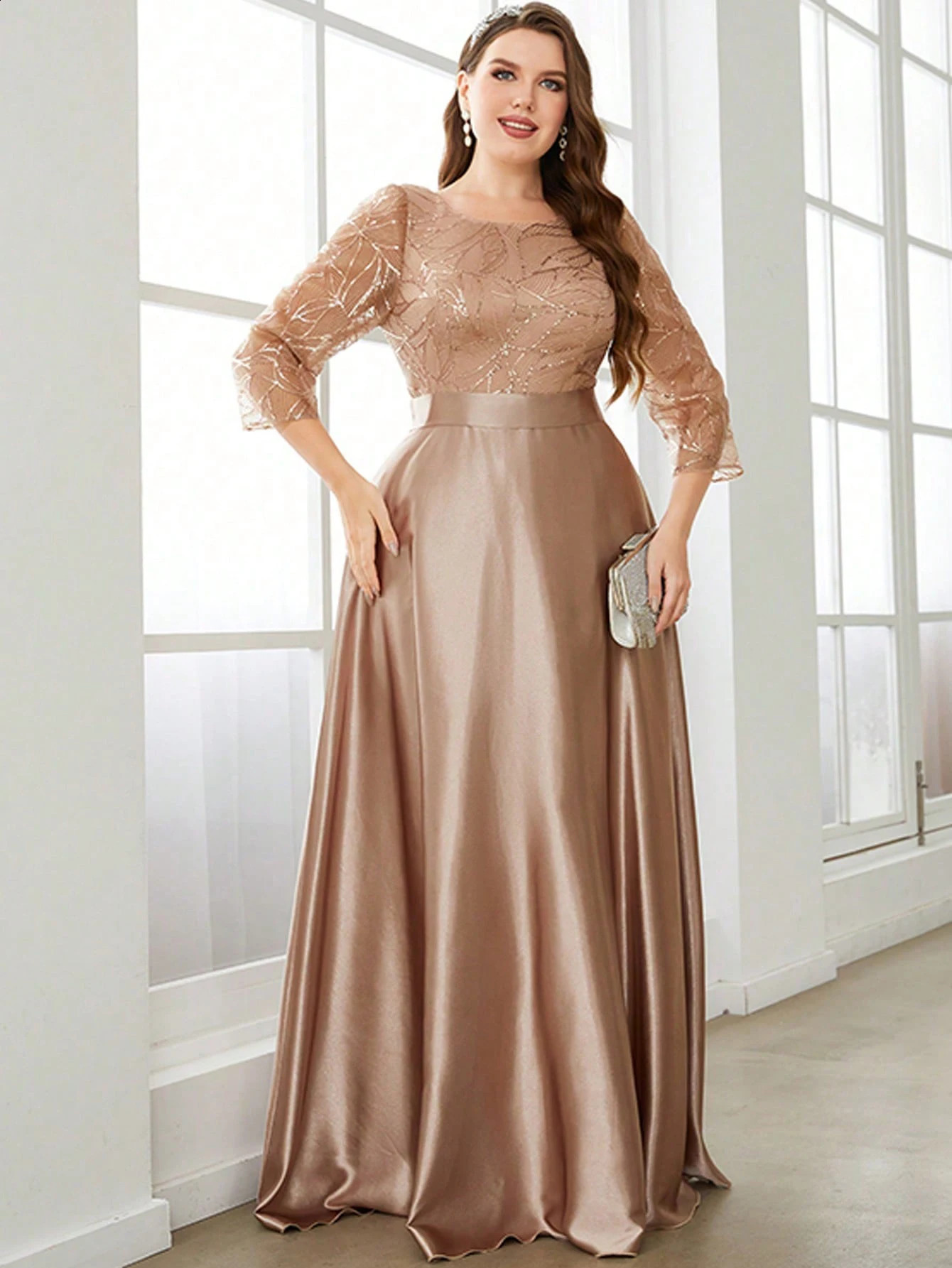 Mgiacy Crew collar long sleeved sequin patch work satin long sleeved ballroom dress party dress bridesmaid dress 241231