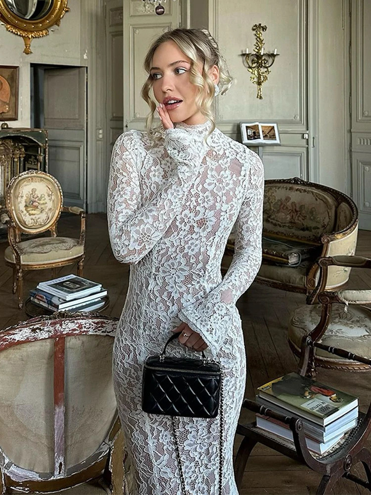 Womens Sexy Lace Hollow Fishtail Long Dresses White Elegant Round Neck Sleeved Vestido Female Chic Slim Fit Gowns 241231