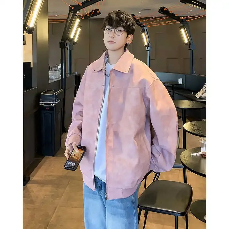 Trendy Pink Leather Jacket Vintage Distressed High-End Feel For Men Loose Fit American Style Maillard Clothing 241230