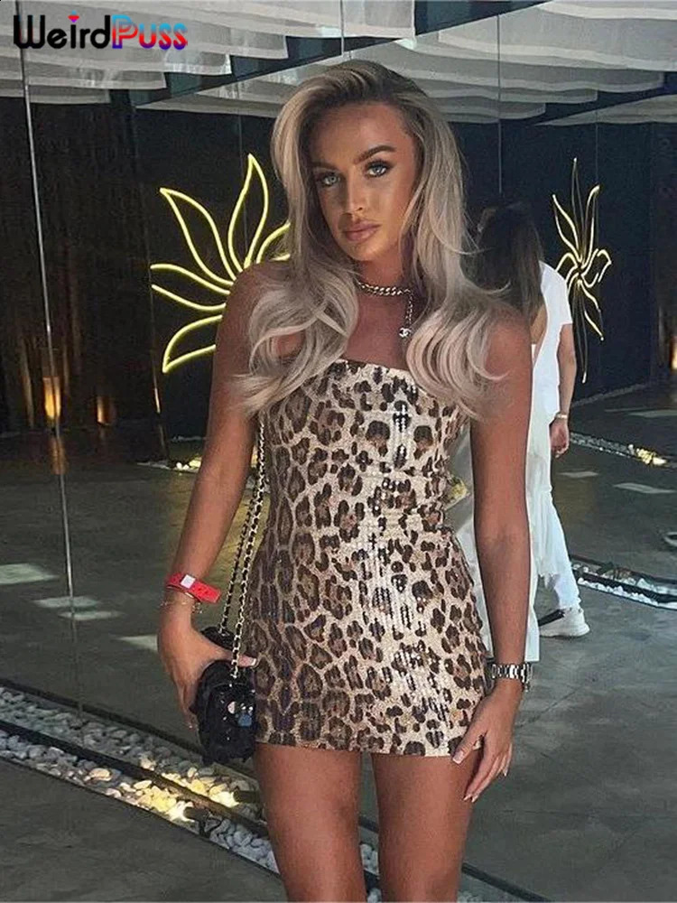 Weird Puss Leopard Print sexy dress womens sequin Hipster summer fashion tight elastic tight midnight party outfit 241231
