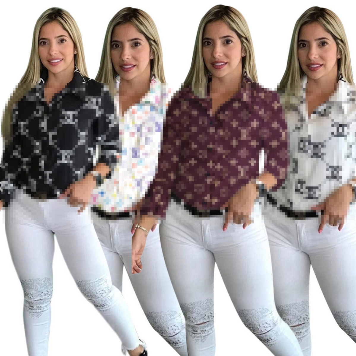 Women Blouse Shirts Designer Print Shirt Tops Casual Long Sleeve Shirt Free Ship