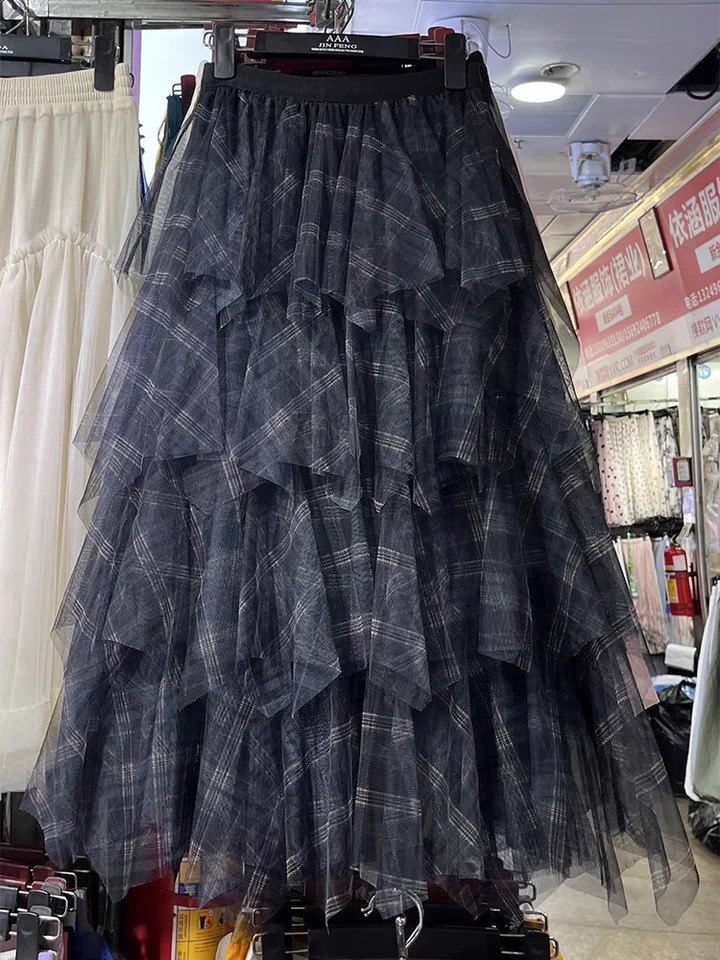 Fashion Gauze Womens Skirts Summer Jupe 2024 Faldas Mujer De Moda High Waist A-line Sweet Saia Irregular Casual Plaid Skirt 241231