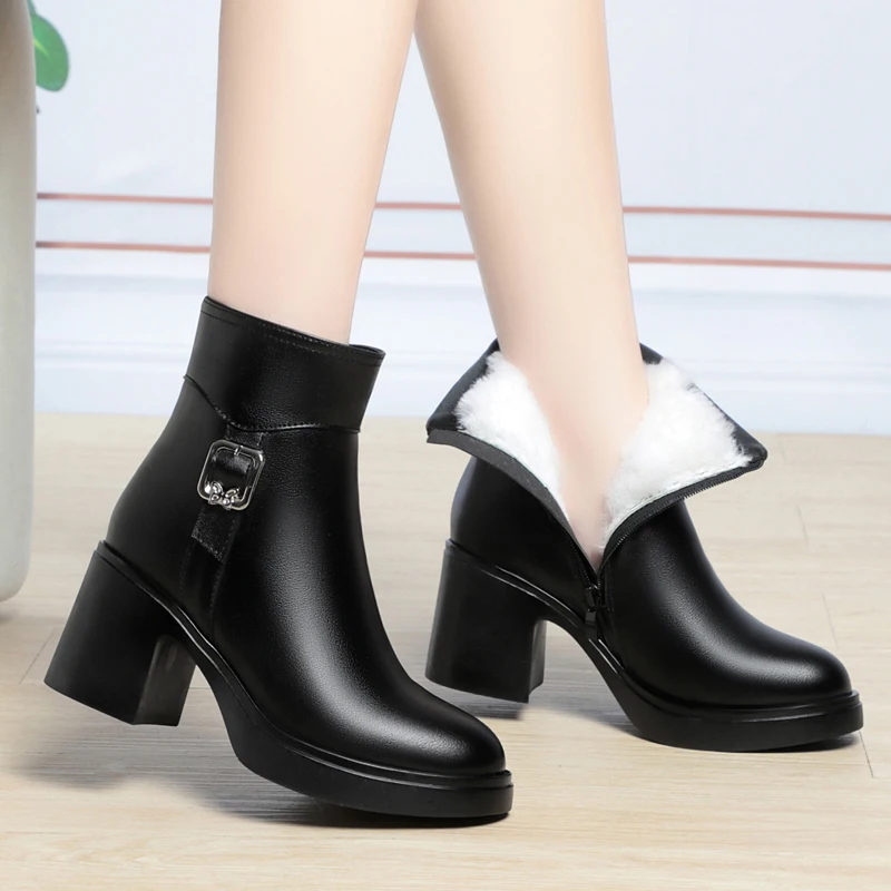 AIYUQI Women's Winter Shoes Boots Fashion High Heeled Ankle Boots Women Natural Wool Warm Boots Women