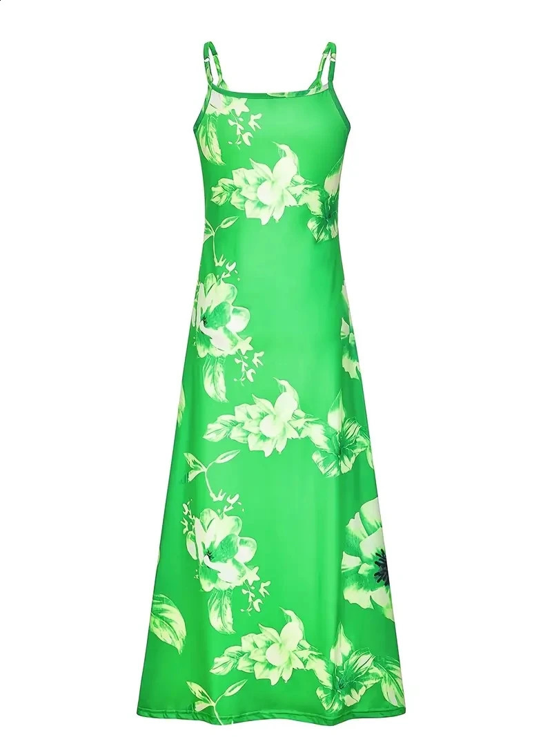 Spring Summer Dress Womens Green Printed V-neck Long Dress Casual Bohemian Sleeveless Womens Beach Party Dress 241231