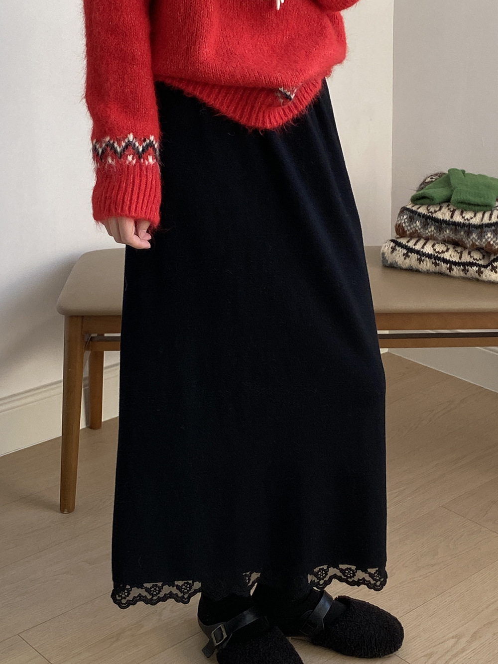 M5561 Lace High Waist Skirt Women Winter Soft Thickened Midi Skirt Back Slit A-Line Skirt