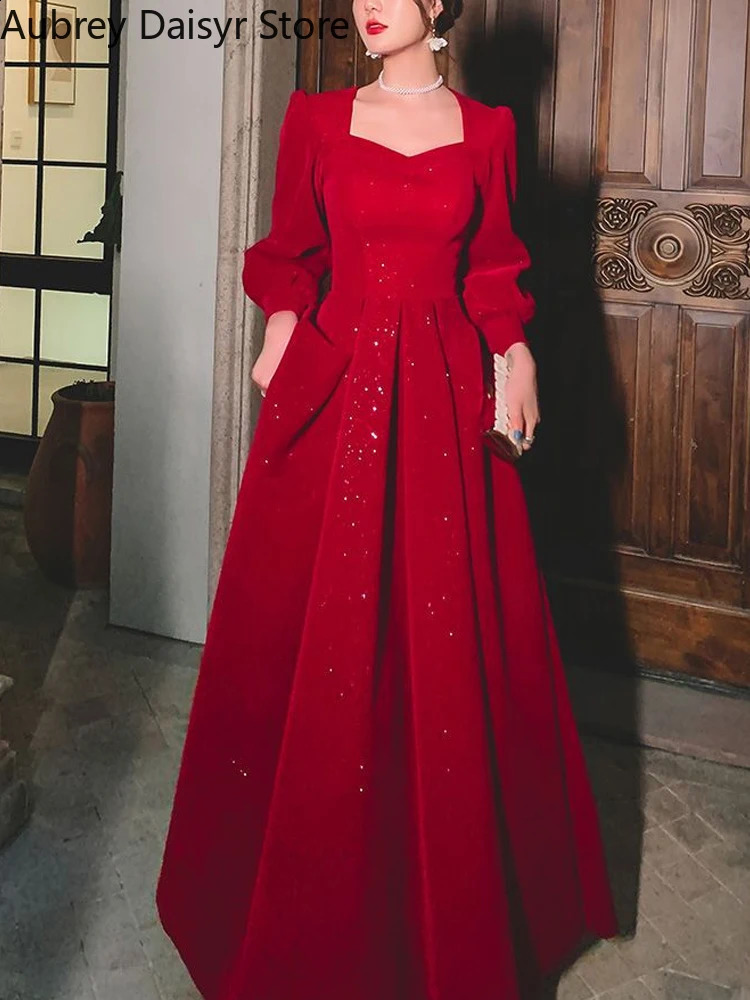 Elegant red sequined Midi dress for women retro V-neck formal occasion evening dress party dress fashionable and chic dress 241231