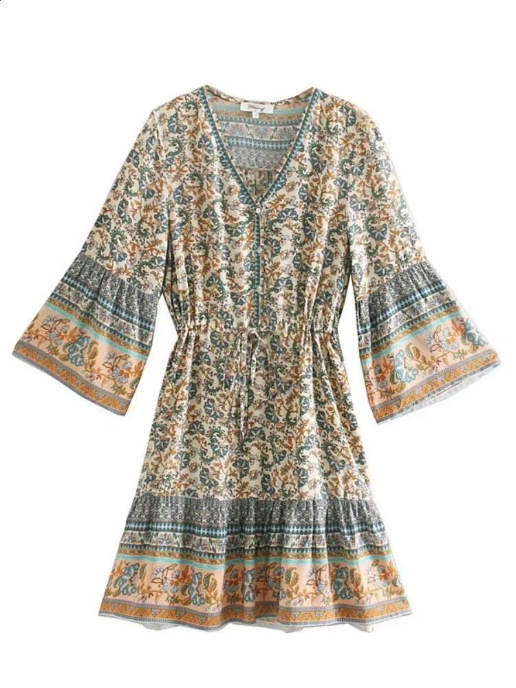 Retro Fashion Womens Hippie Printed V-neck Bohemian Mini Dress Summer Womens Sparkling Sleep Cotton Beach Bohemian Dress 241231